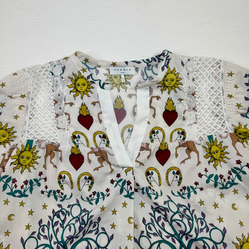 Sandro Paris Azucar Chiffon Blouse Tarot Print Lace Ivory Sz 1 Small Celestial - Picture 11 of 16